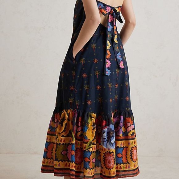 Farm Rio Anthropologie L NWT Embroidered Maxi Dress Black Embroidery 260$ Large - Picture 11 of 13